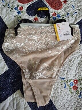 Joyspun Ladies Thong Undrwear 3 Pak Sz Lrge 1 Lace, 2 Mesh NWT Adobe Tan & White